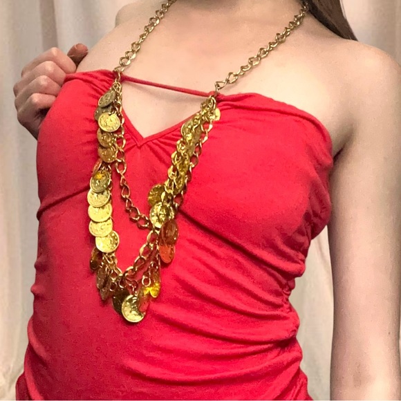 Vintage Beautiful y2K gold chain halter top in a bright pink peach - Picture 2 of 2